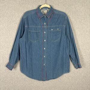 Kikomo Shirt Womens Medium Denim Jean Button Stitch Granny Meemaw Western 90s‎